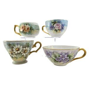 Vintage Hand-Painted Porcelain Tea Cups Floral Gold Handles Set Of 4 jj3706